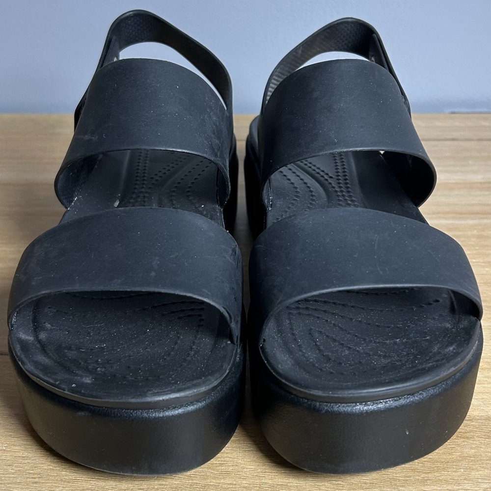 Croc Black Brooklyn Comfortable Two Strap Pushpin Ankle Strap Low Wedge Sandals - Picture 2 of 6